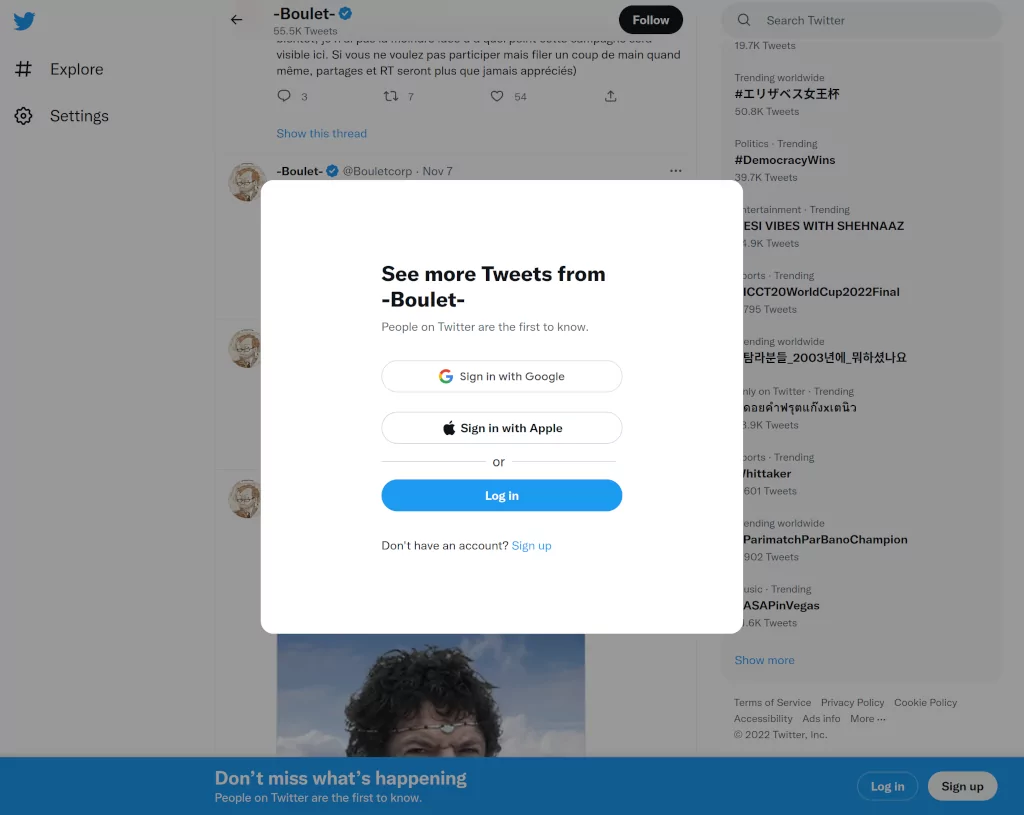 Twitter login popup is shown when scrolling through a user page